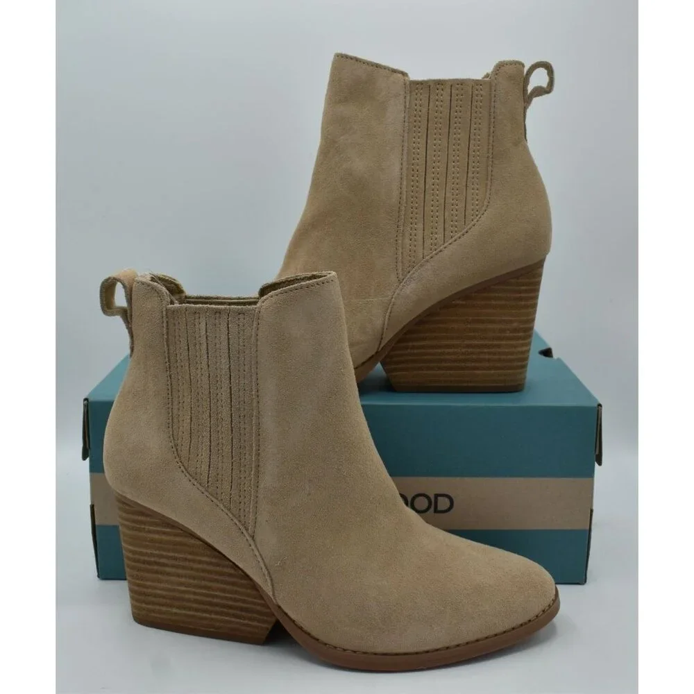 TOMS Womens 7 Noa Natural Suede Stacked Wedge Heel Western Booties Boots‎ Shoes